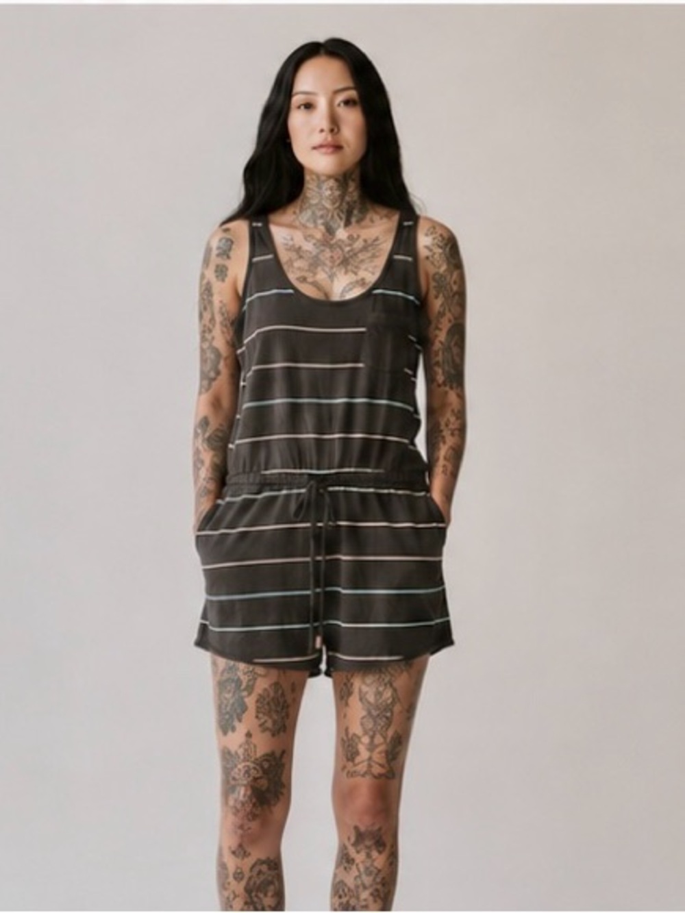 Obey Black Romper with Multicolored Stripes